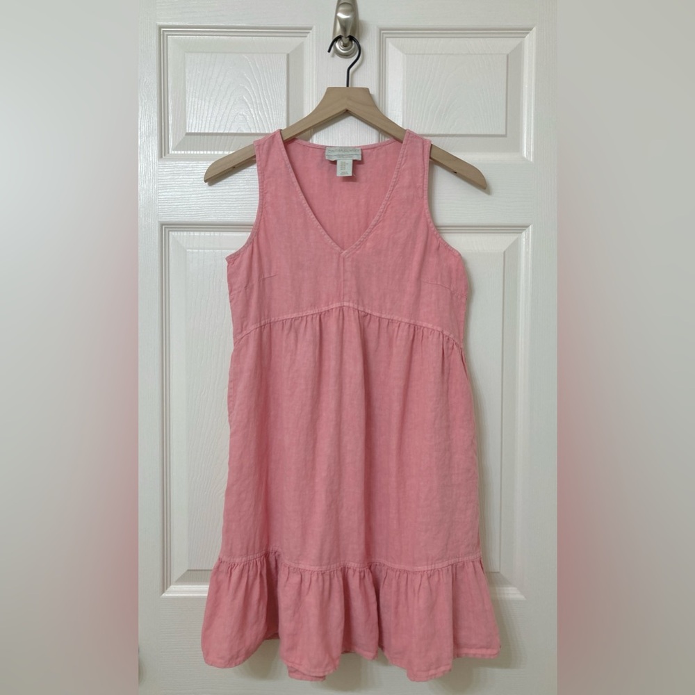 Cynthia Rowley 100% Linen Pink Sleeveless Babydoll Mini Dress XS Vacation Garden
